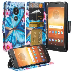 Motorola Moto E5 Play / E5 Cruise / E5 GO Wallet Case, Wrist Strap Leather Wallet Case [Kickstand] with ID & Credit Card Slots - Blue Butterfly