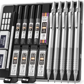 Nicpro 5 PCS Art Mechanical Pencils Set, Metal Drafting Pencil 0.3 & 0.5 & 0.7 & 0.9 mm & 2mm Graphite Lead Holder(2B HB Colors) For Writing Sketching Drawing With Lead Refills Erasers Sharpeners Case