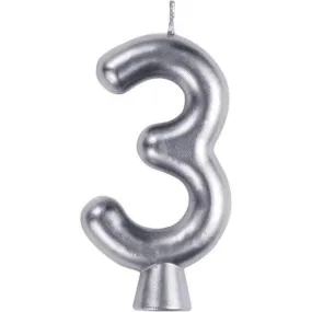 Number '3' Cake Candle - Silver