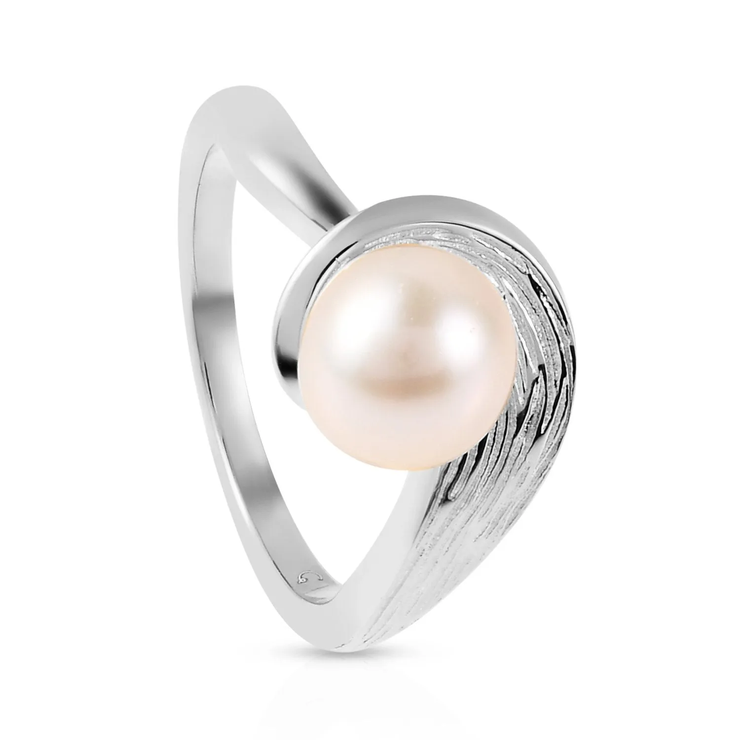 Ocean Wave Ring with White Freshwater Pearl