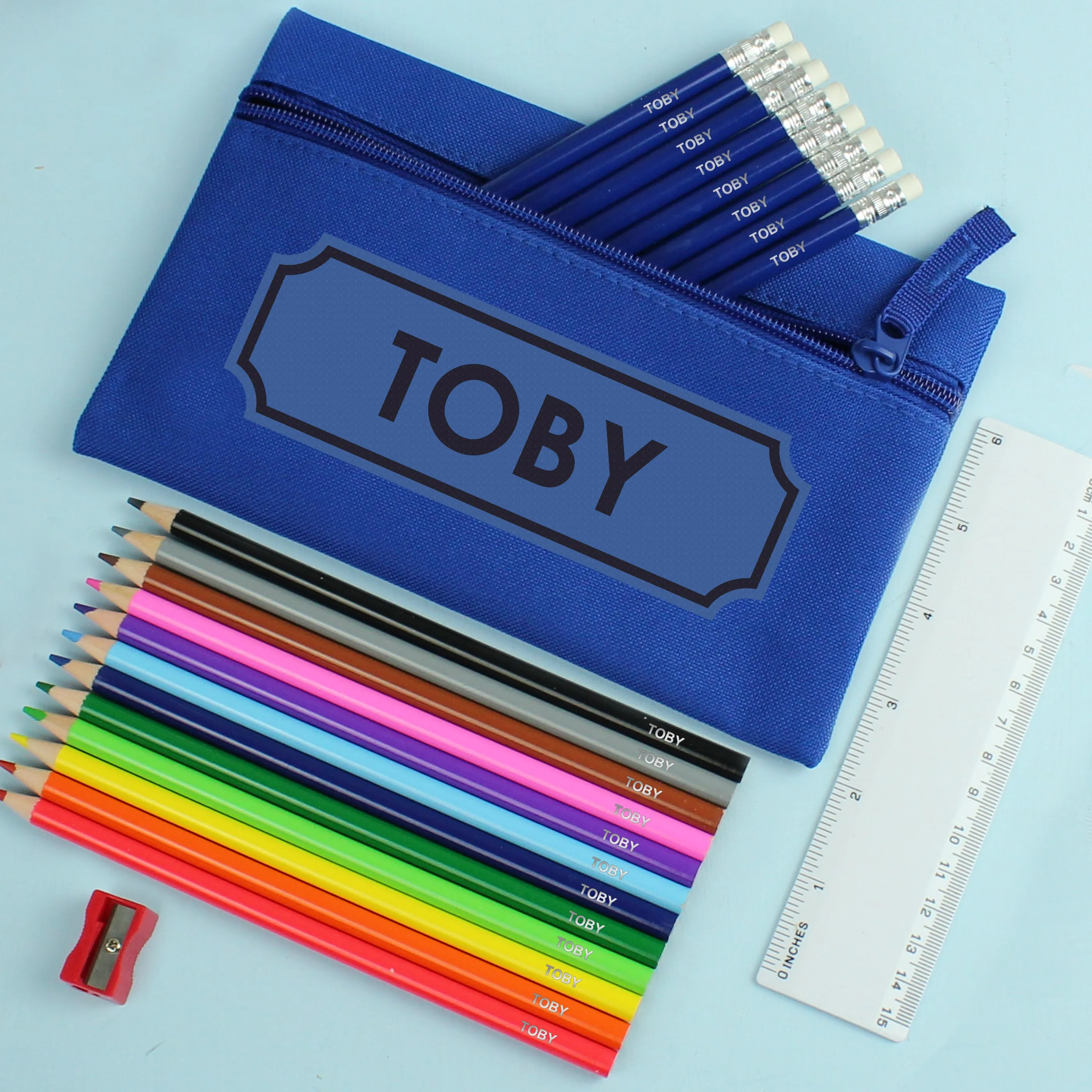 Personalised Blue Pencil Case with Pencils & Crayons