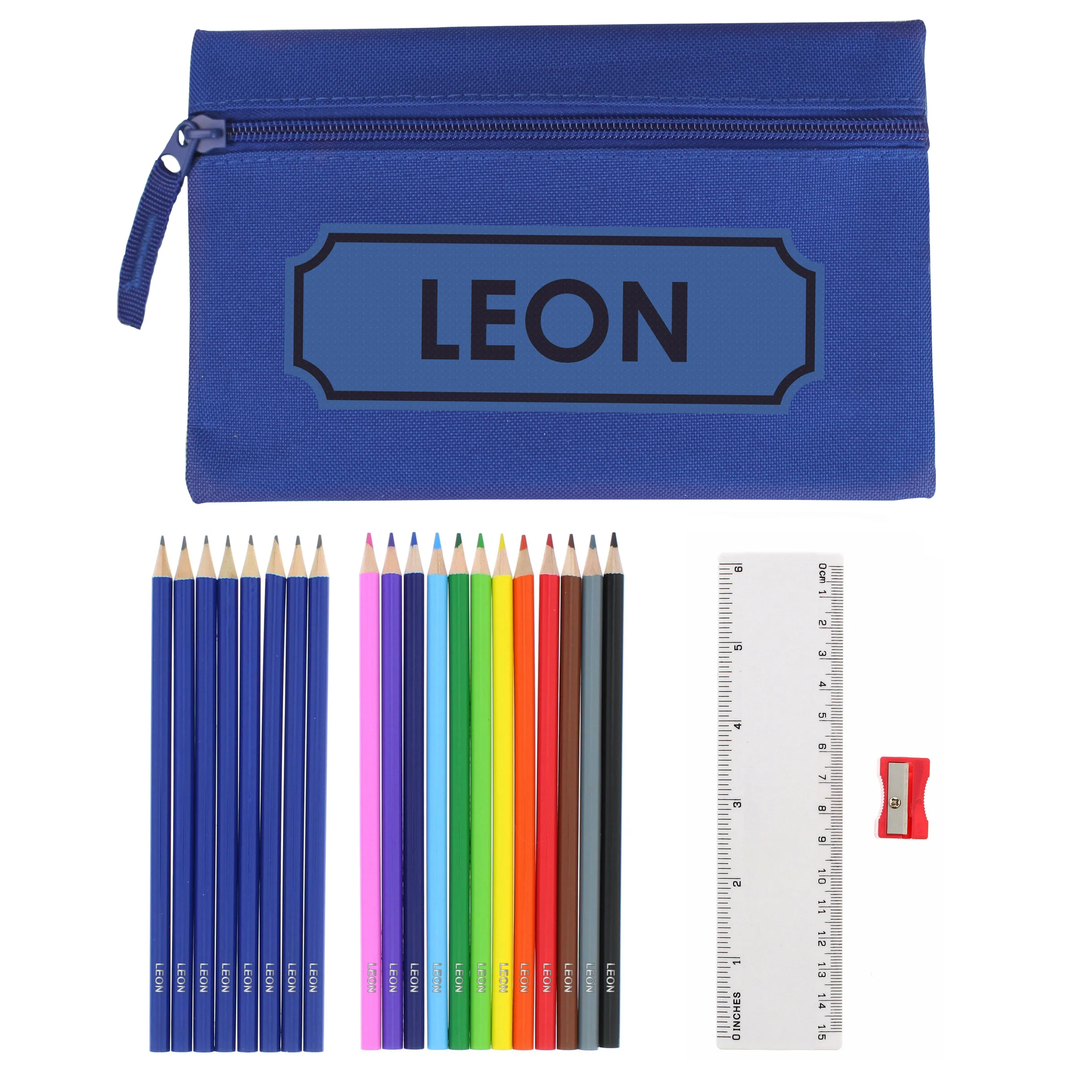 Personalised Blue Pencil Case with Pencils & Crayons