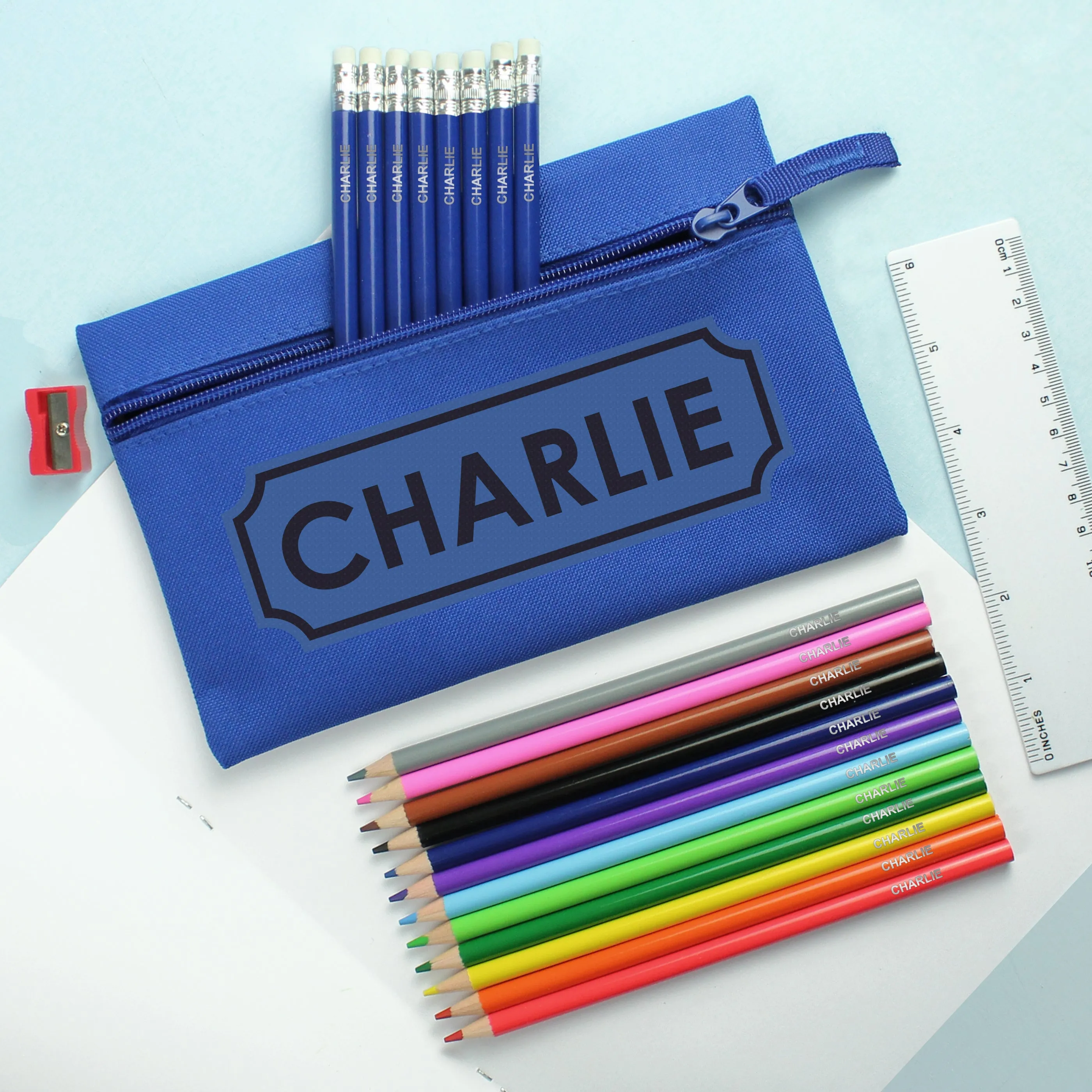 Personalised Blue Pencil Case with Pencils & Crayons