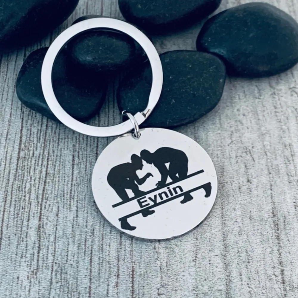 Personalized Engraved Wrestling Keychain - Round - Pick Style