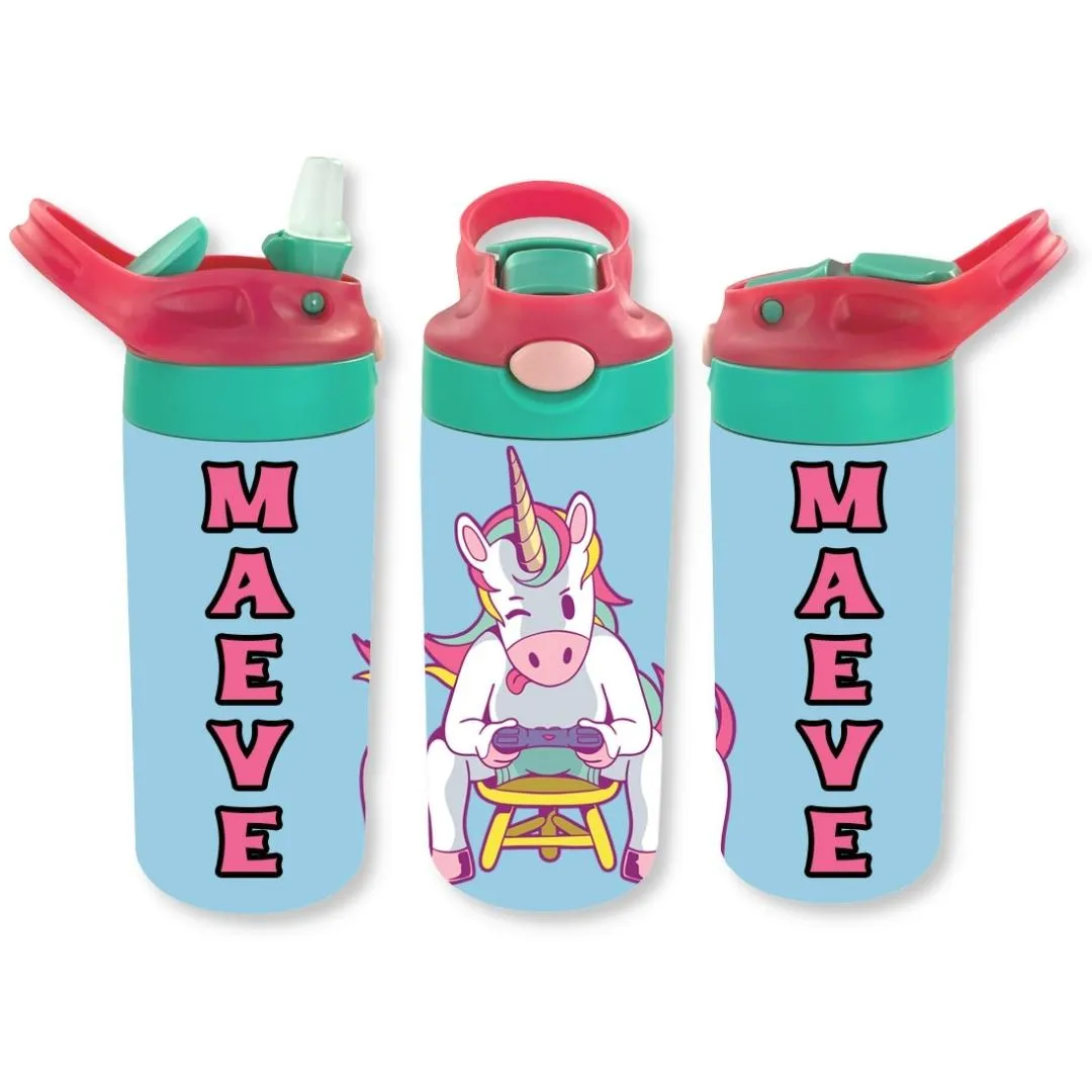 Personalized Kids' 12oz Double Walled Stainless Steel Bottle - Unicorn Gamer