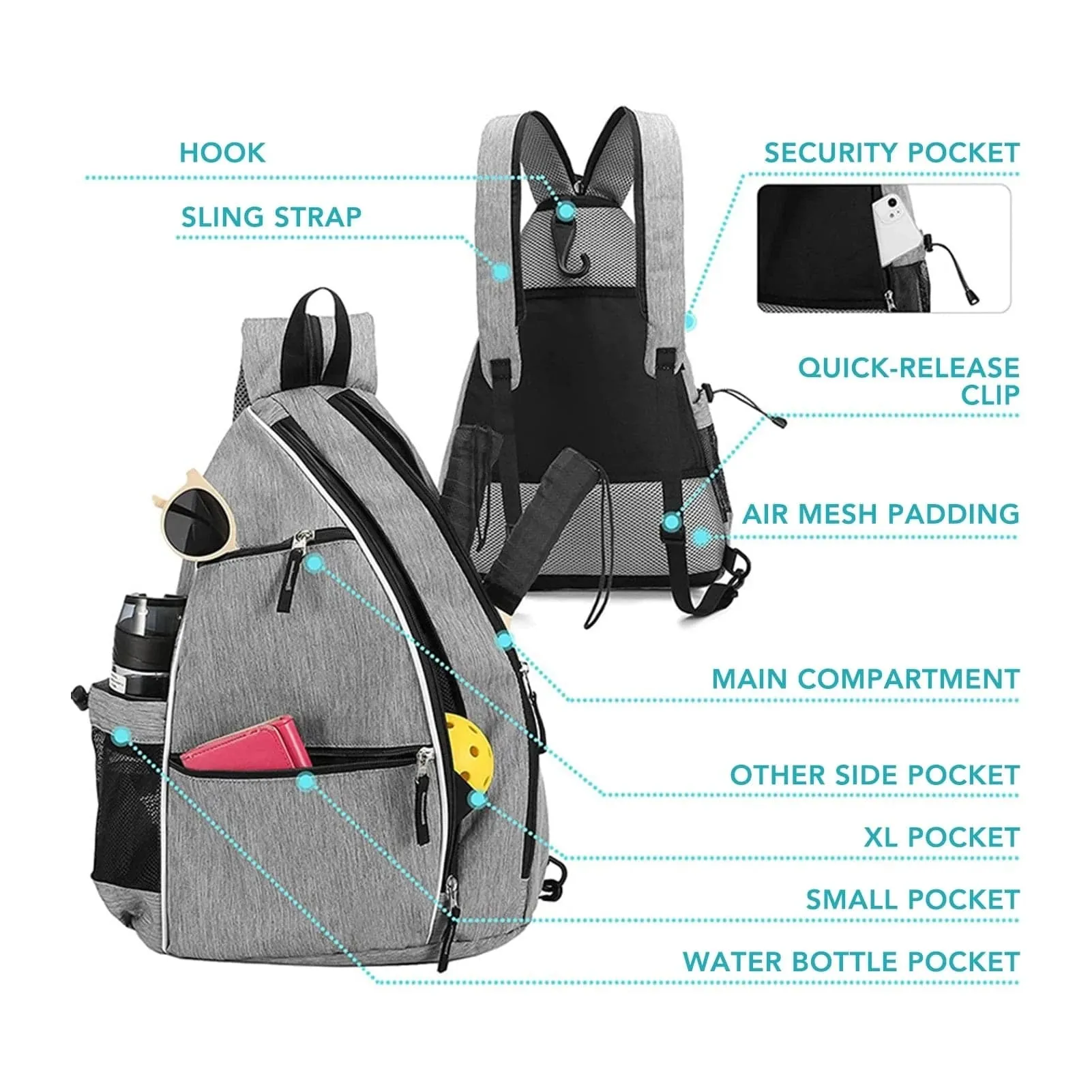 Pickleball Backpack Adjustable Sling Bag Water-resistant Tennis Racket Bag for Pickleball Tennis Badminton Gym Bag