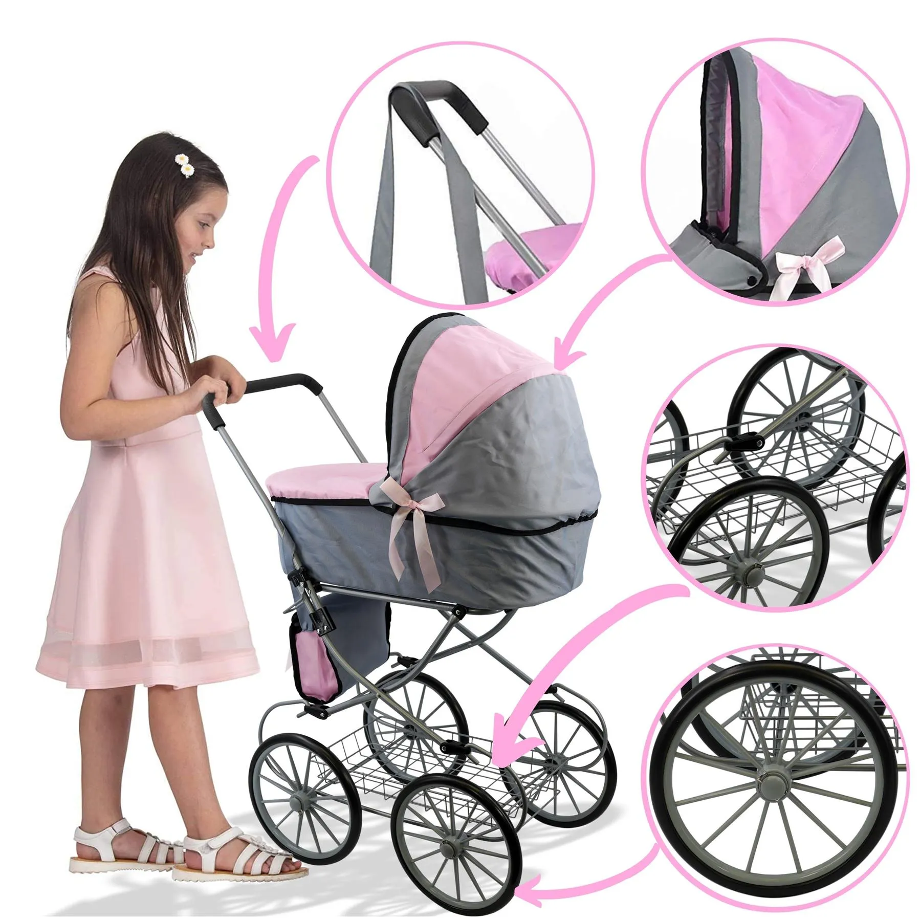 Pink and Grey Vintage Cambridge Doll Pram