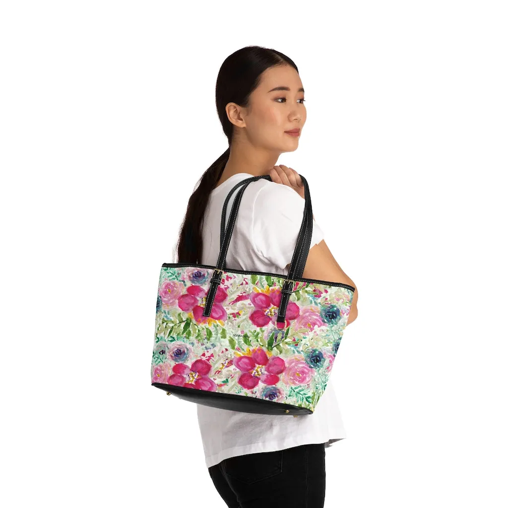 Pink Rose Floral Tote Bag, Flower Print Best Designer Women's PU Leather Shoulder Hand Work Bag