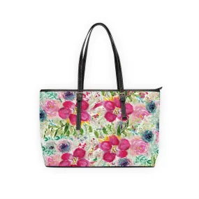 Pink Rose Floral Tote Bag, Flower Print Best Designer Women's PU Leather Shoulder Hand Work Bag