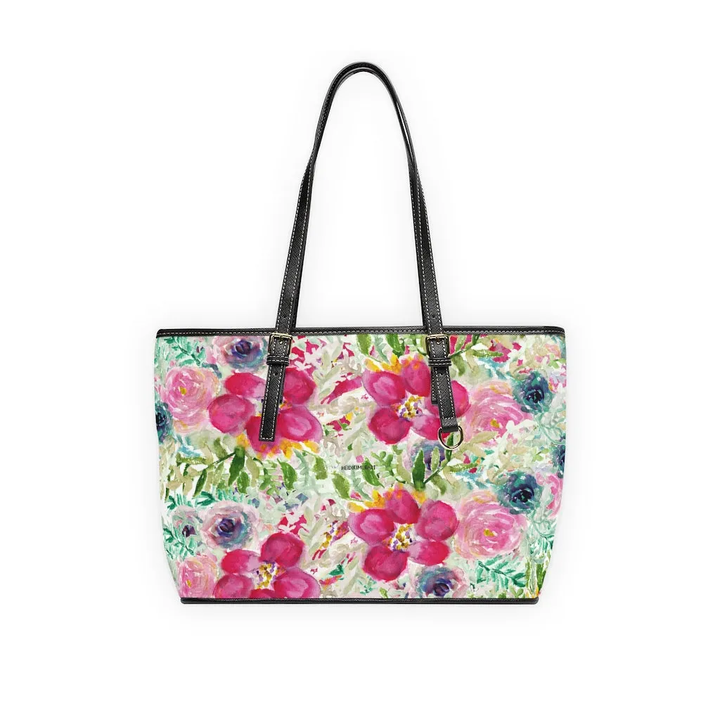 Pink Rose Floral Tote Bag, Flower Print Best Designer Women's PU Leather Shoulder Hand Work Bag