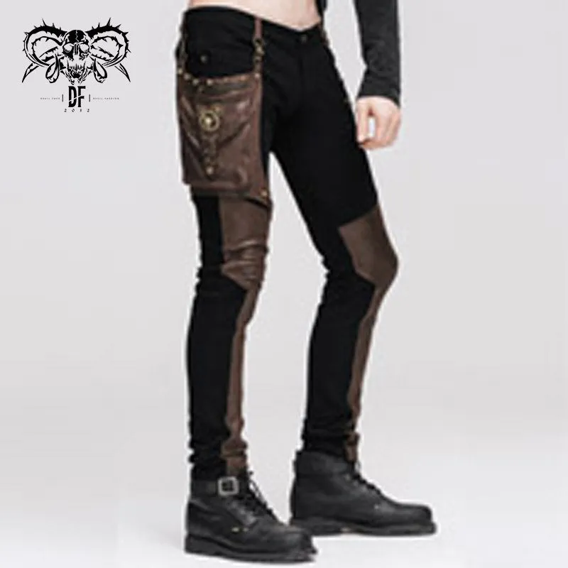 PT02102 Party wear steampunk men fitted brown straight leg pants with bag