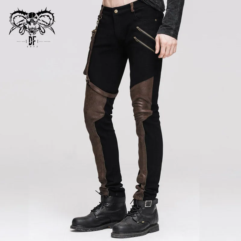 PT02102 Party wear steampunk men fitted brown straight leg pants with bag