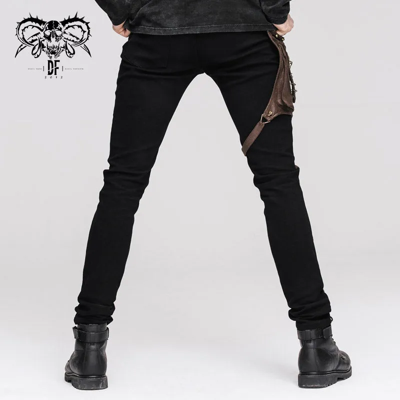 PT02102 Party wear steampunk men fitted brown straight leg pants with bag