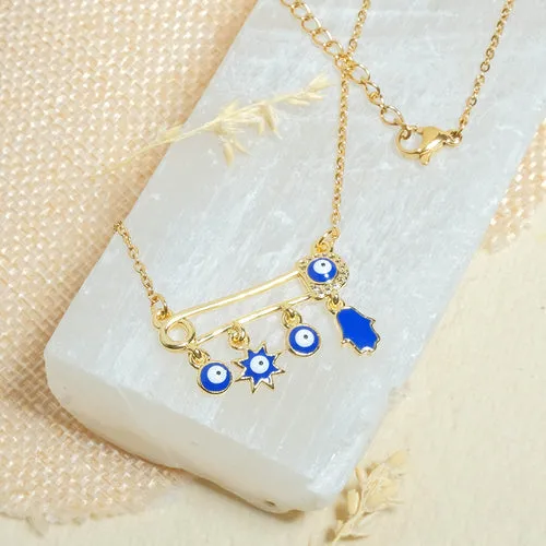 Safety Pin Evil Eye Necklace   Gift Box