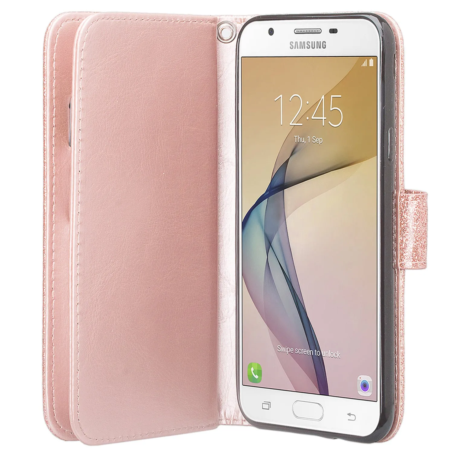 Samsung Galaxy J7 V / J7 (2017) / J7 Perx / J7 Sky Pro / J7 Prime / Galaxy Halo Case Wrist Strap Glitter Faux Leather Flip [Kickstand] Wallet Cover Wristlet - Rose Gold