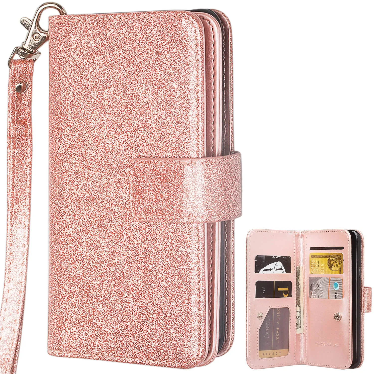 Samsung Galaxy J7 V / J7 (2017) / J7 Perx / J7 Sky Pro / J7 Prime / Galaxy Halo Case Wrist Strap Glitter Faux Leather Flip [Kickstand] Wallet Cover Wristlet - Rose Gold