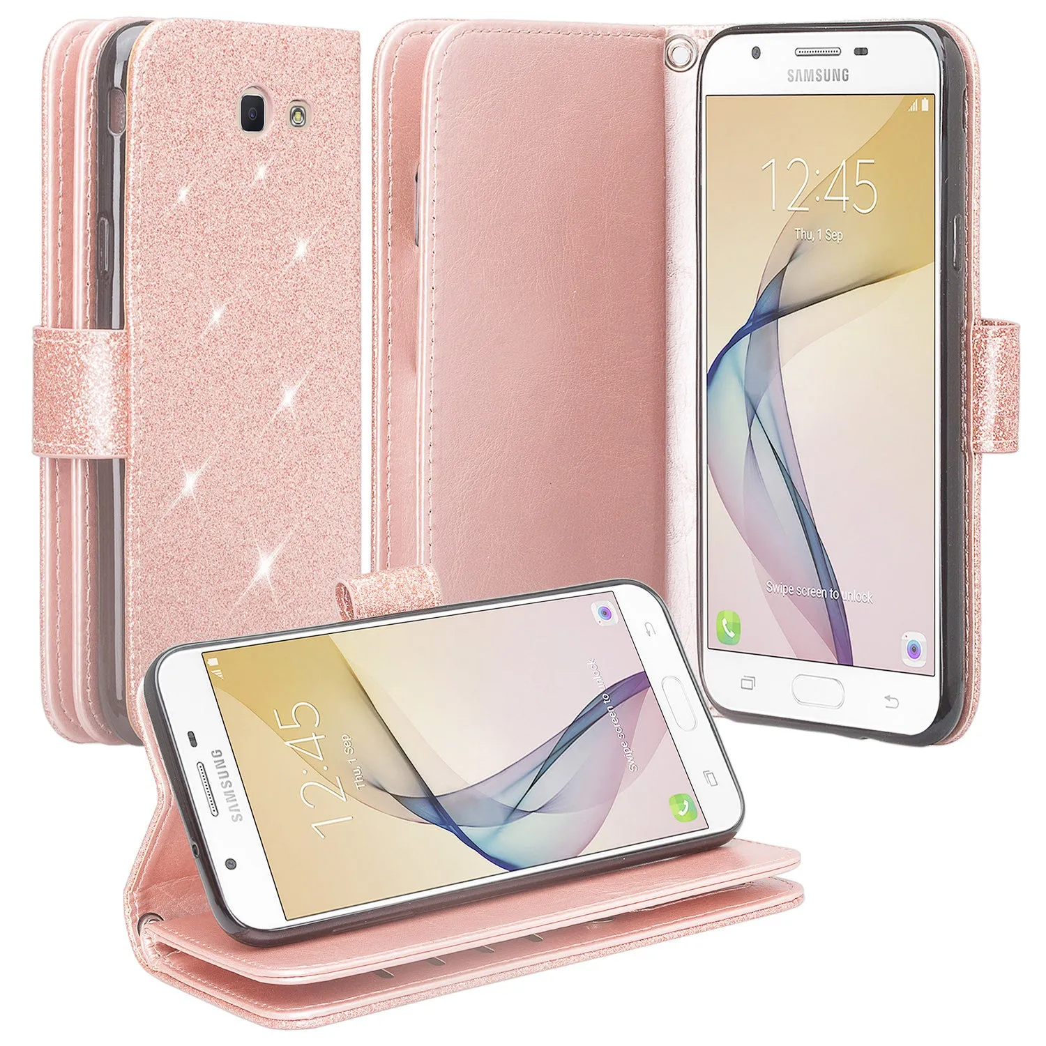 Samsung Galaxy J7 V / J7 (2017) / J7 Perx / J7 Sky Pro / J7 Prime / Galaxy Halo Case Wrist Strap Glitter Faux Leather Flip [Kickstand] Wallet Cover Wristlet - Rose Gold