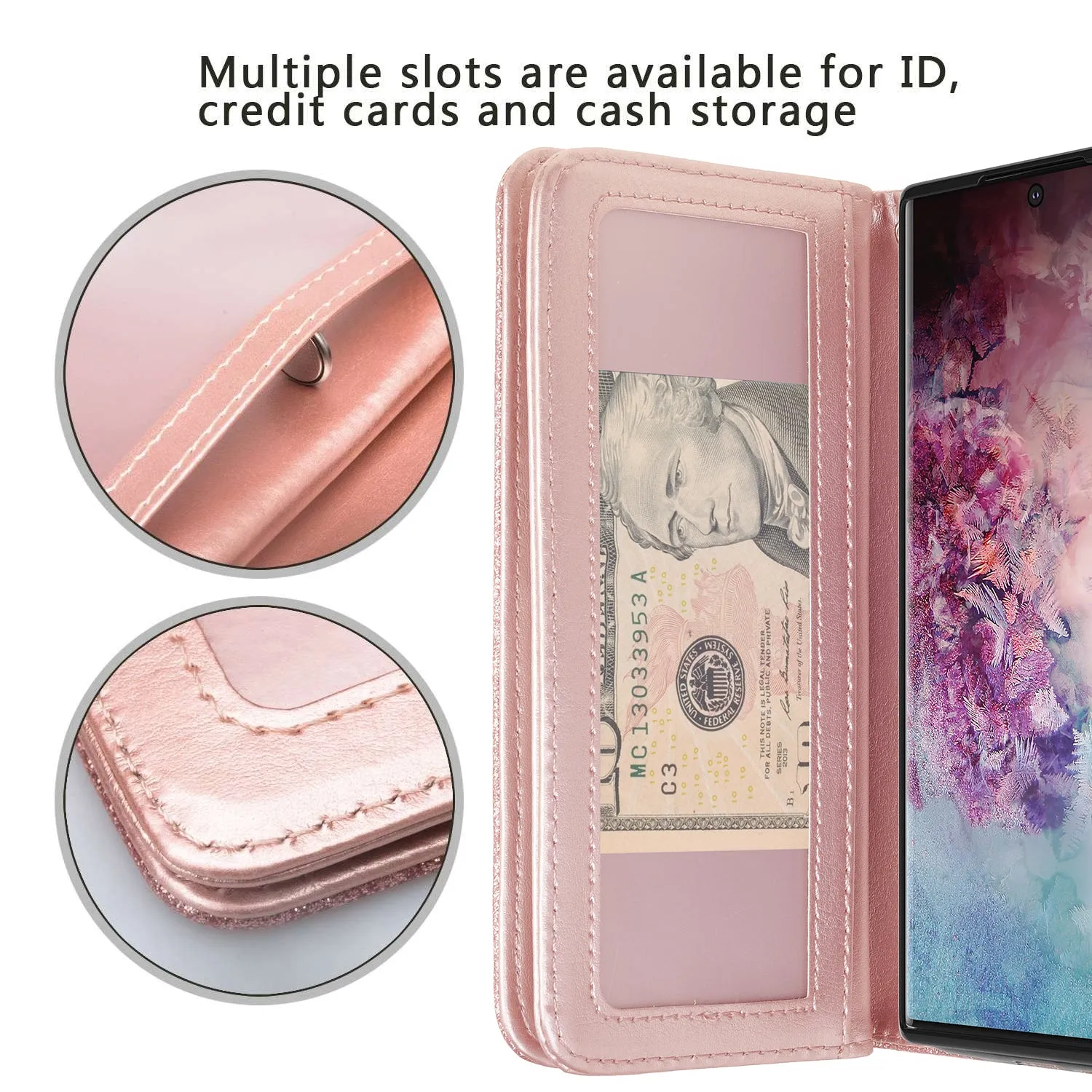 Samsung Galaxy Note 10 Case, Galaxy Note 10 Case, Glitter Faux Leather Flip Credit Card Holder Wrist Strap Shockproof Protective Wallet Case Clutch for Galaxy Note 10 - Rose Gold