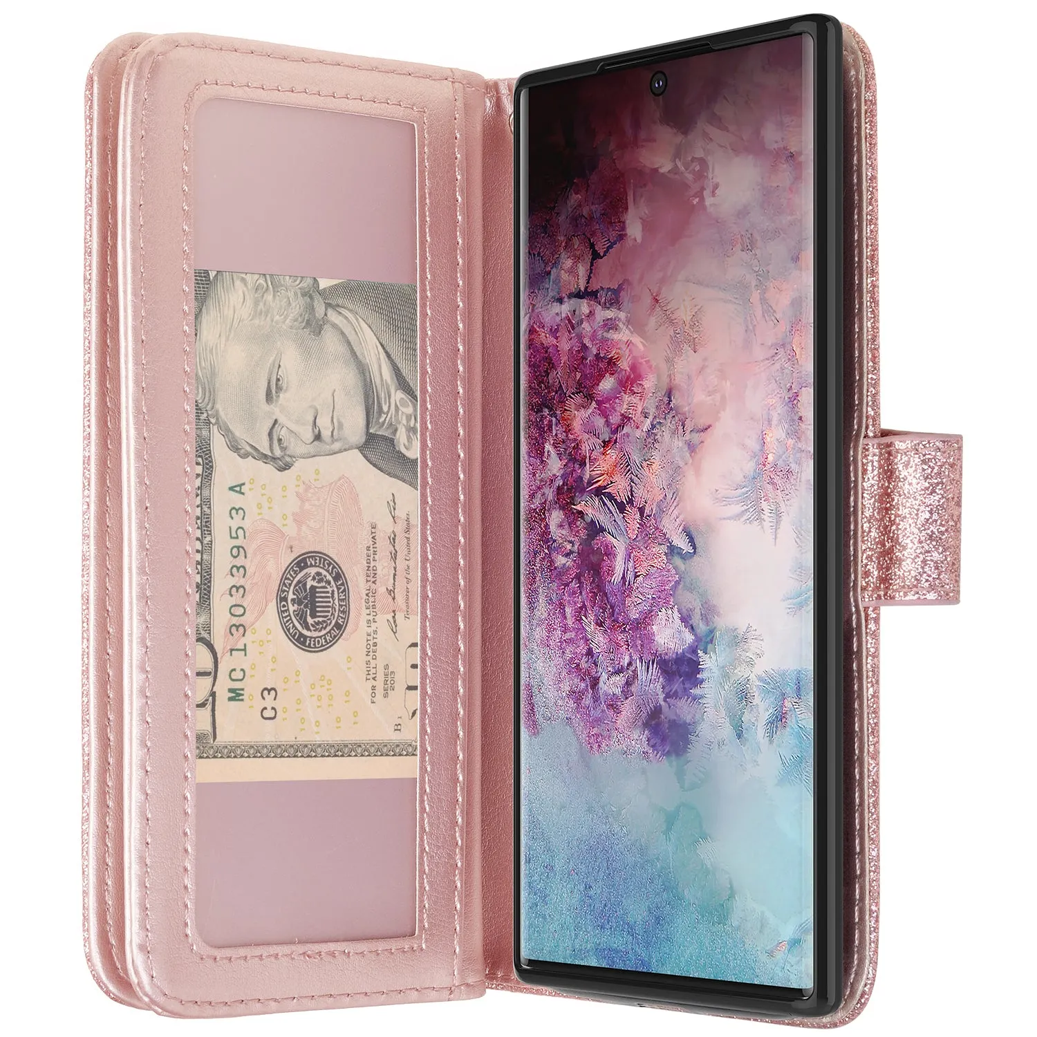 Samsung Galaxy Note 10 Case, Galaxy Note 10 Case, Glitter Faux Leather Flip Credit Card Holder Wrist Strap Shockproof Protective Wallet Case Clutch for Galaxy Note 10 - Rose Gold