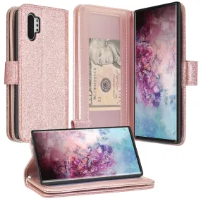 Samsung Galaxy Note 10 Case, Galaxy Note 10 Case, Glitter Faux Leather Flip Credit Card Holder Wrist Strap Shockproof Protective Wallet Case Clutch for Galaxy Note 10 - Rose Gold