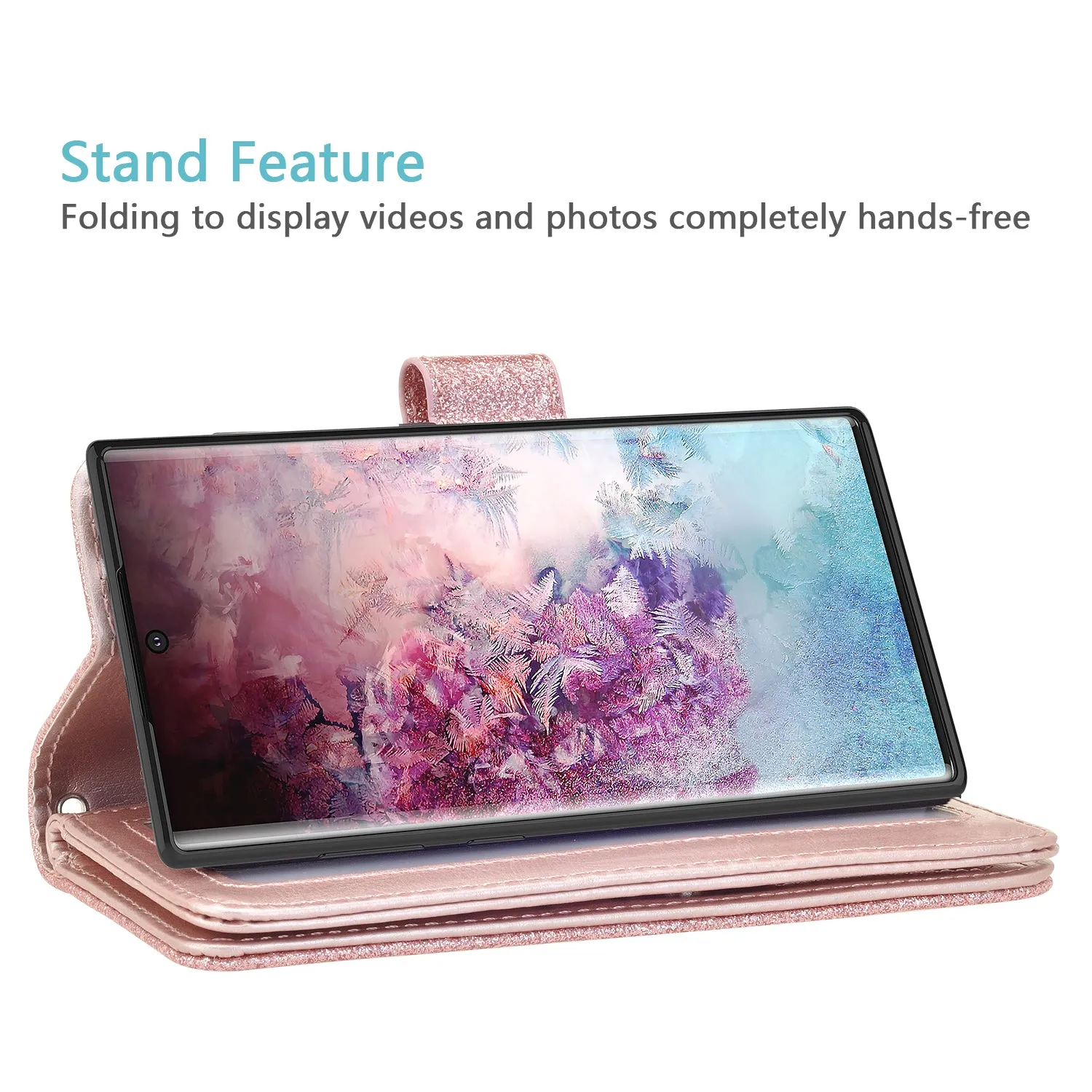 Samsung Galaxy Note 10 Case, Galaxy Note 10 Case, Glitter Faux Leather Flip Credit Card Holder Wrist Strap Shockproof Protective Wallet Case Clutch for Galaxy Note 10 - Rose Gold