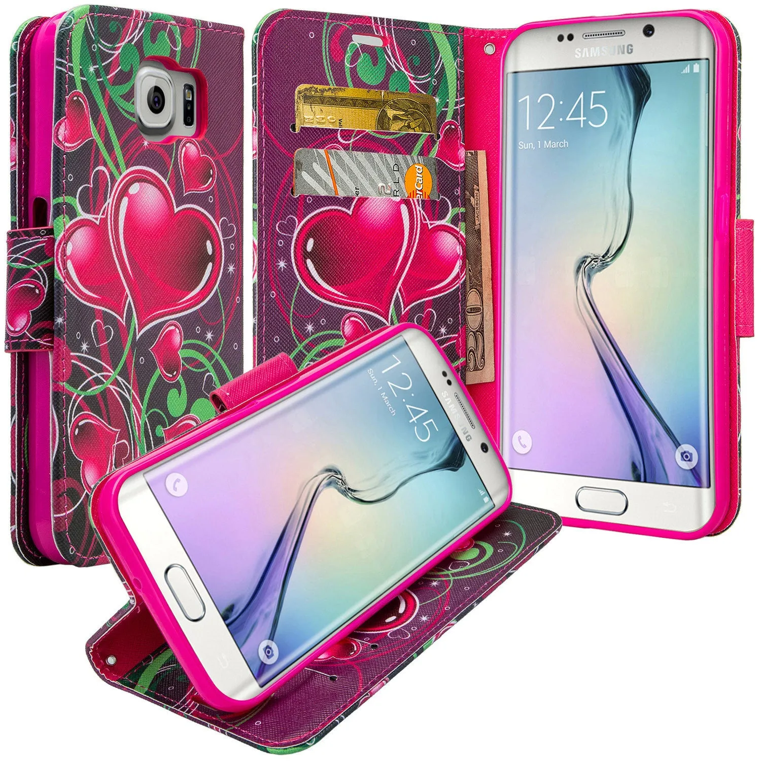 Samsung Galaxy S6 Edge Plus Case, Wrist Strap Magnetic Flip Fold[Kickstand] Pu Leather Wallet Case with ID & Card Slots - Heart Sensation