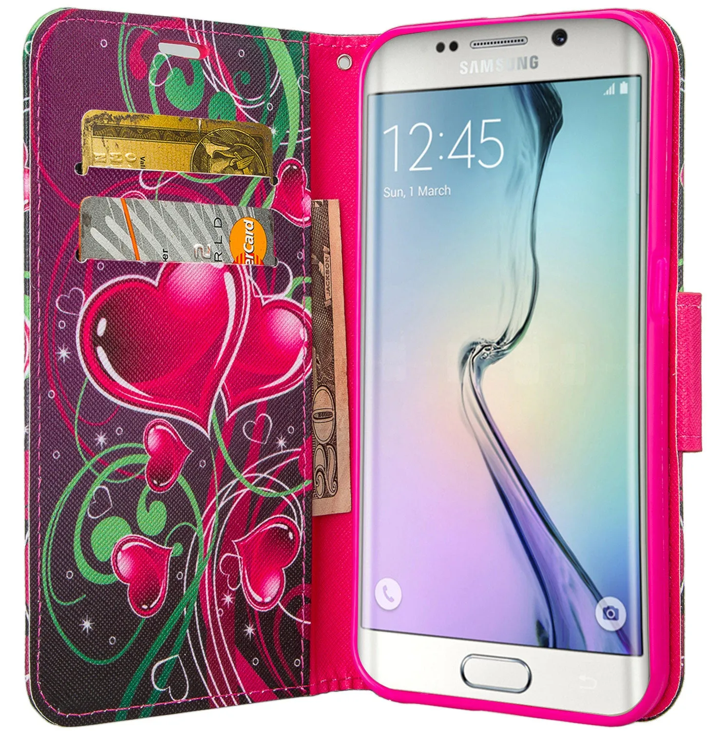 Samsung Galaxy S6 Edge Plus Case, Wrist Strap Magnetic Flip Fold[Kickstand] Pu Leather Wallet Case with ID & Card Slots - Heart Sensation