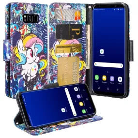 Samsung Galaxy S8 Plus Case, Wrist Strap Pu Leather Magnetic Fold[Kickstand] Wallet Case with ID & Credit Card Slots for Galaxy S8 Plus, SM-G955 - Rainbow Unicorn