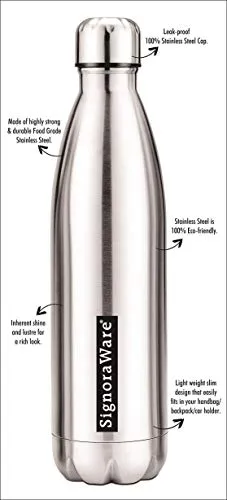 Signoraware Aace Single Walled Stainless Steel Fridge Water Bottle, 1 Litre, Cola Silver