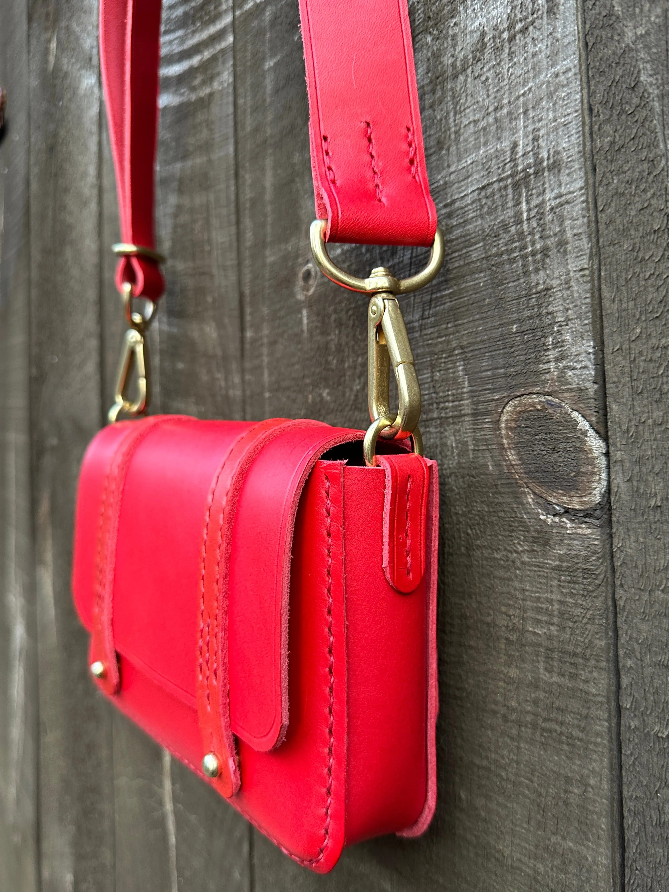 Striking Red Mini Messenger Bag, Italian Red Bag, Red Leather Messenger Bag, Handstitched Leather Bag, Heavy Leather Bag, Saddle Stitched Bag