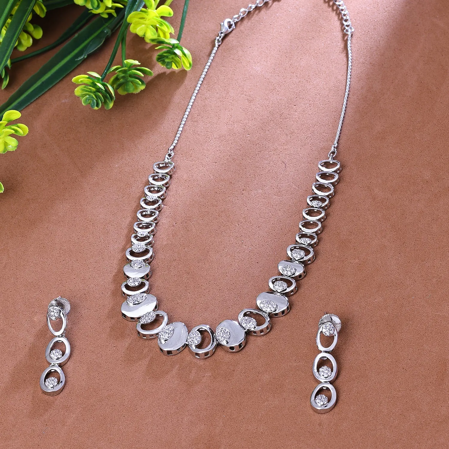 Sukkhi Alluring Silver CZ Stone Rhodium Plated Traditional Necklace Set for Women