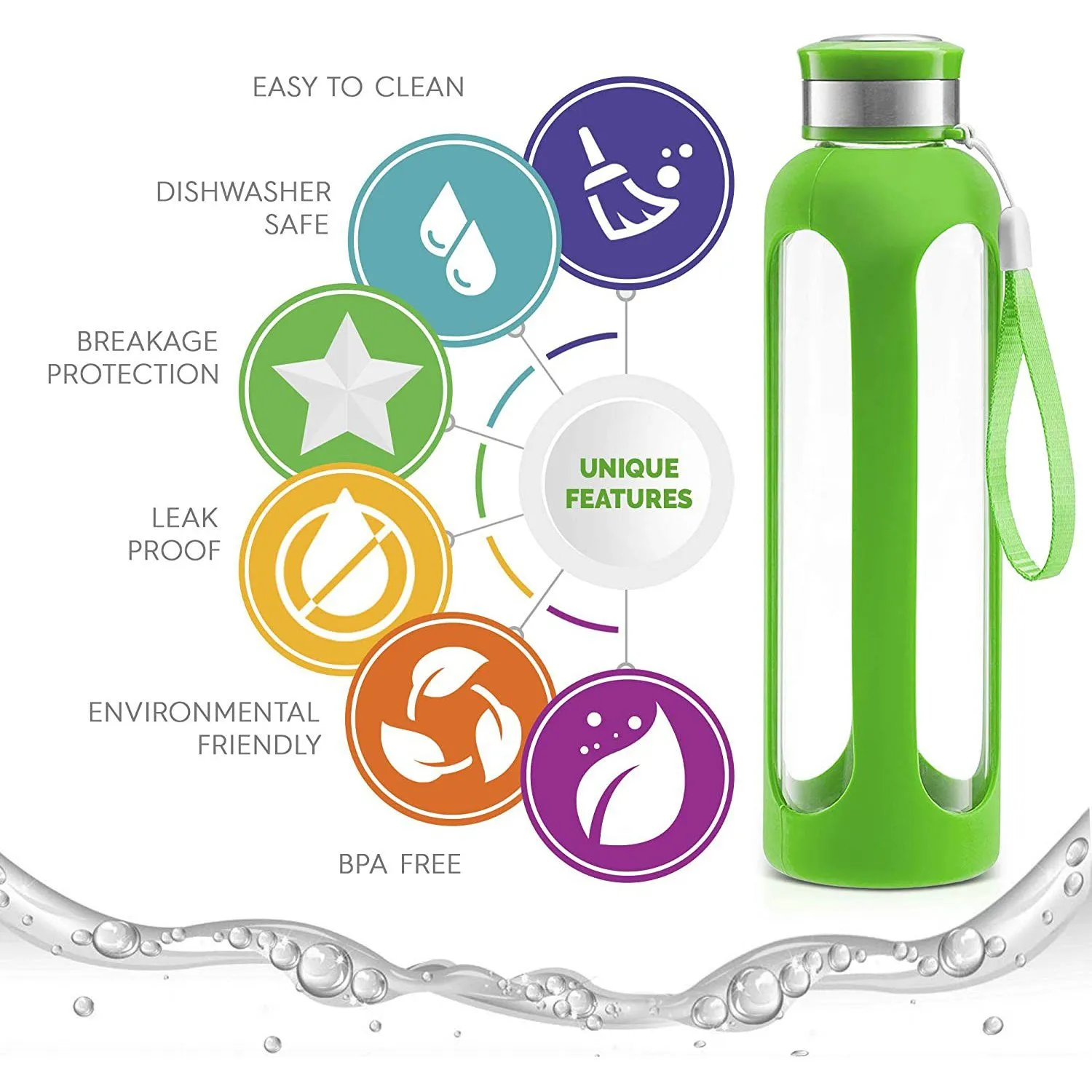 Swig Savvy Glass Water Bottles with Protective Silicone Sleeve & Stainless Steel Leak Proof Lid