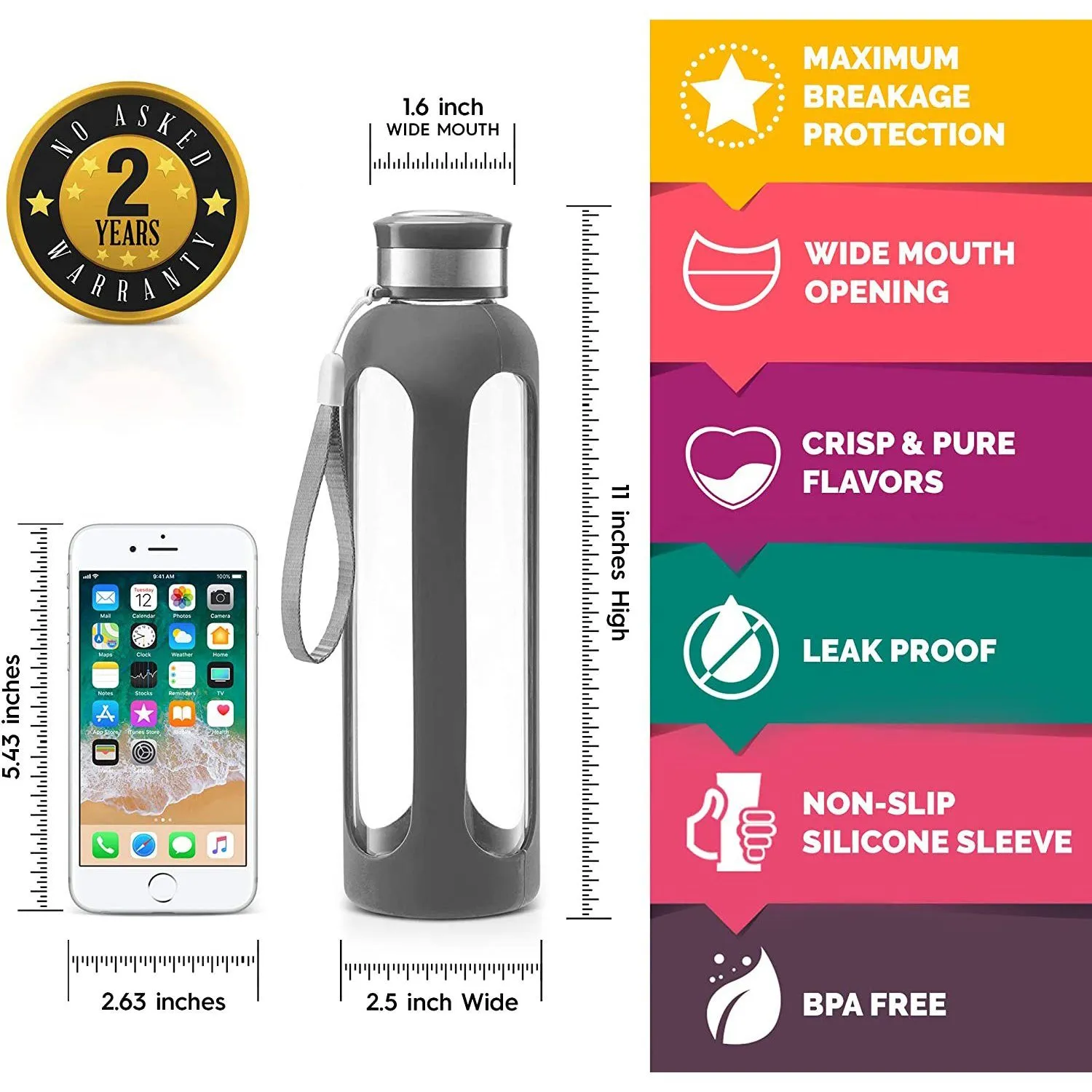 Swig Savvy Glass Water Bottles with Protective Silicone Sleeve & Stainless Steel Leak Proof Lid