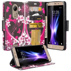 T-mobile REVVL  Plus, Coolpad REVVL Plus Case, Slim Flip [Kickstand] Pu Leather Wrist Strap Wallet Cover with Card Slots - Heart Butteflies