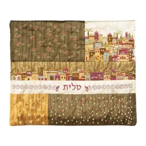 Tallit Bag - Patches   Embroidery - Jerusalem Brown