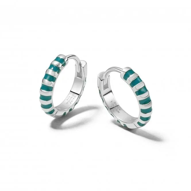 Teal Fine Stripe Huggie Hoop Sterling Silver Earrings EE11_SLV