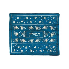 Tefillin Bag - Embroidery - Pomegranates - Blue   Silver