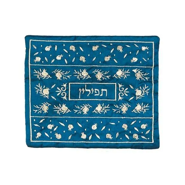 Tefillin Bag - Embroidery - Pomegranates - Blue   Silver