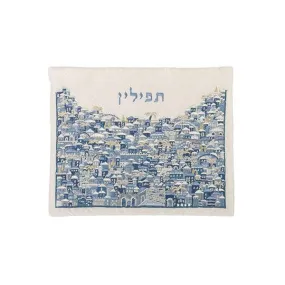 Tefillin Bag - Full Embroidery - Jerusalem - Blue