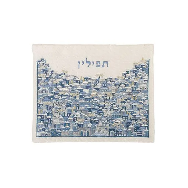 Tefillin Bag - Full Embroidery - Jerusalem - Blue