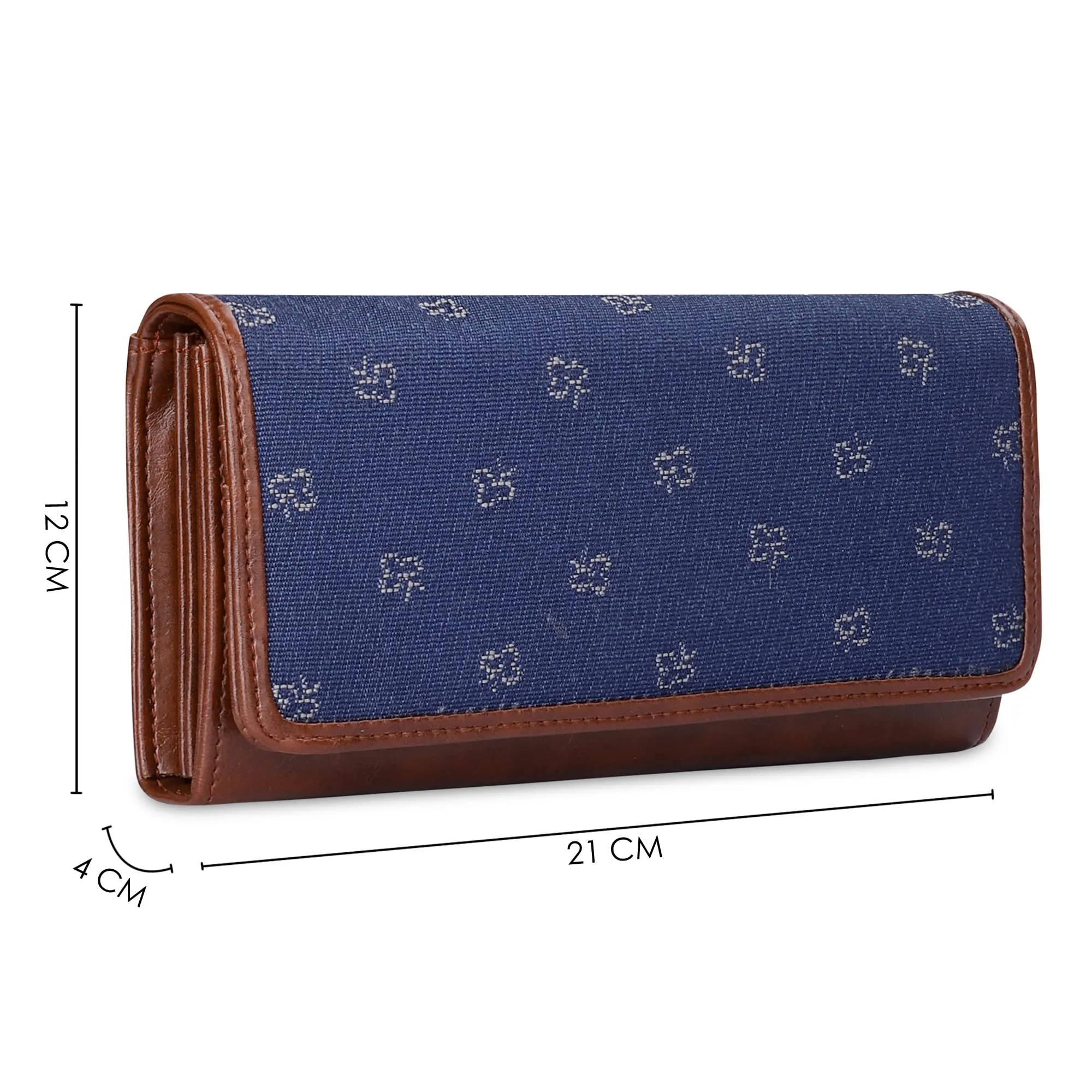 THE CLOWNFISH Sharon Collection Tapestry Fabric & Faux Leather Snap Flap Closure Womens Wallet Clutch Ladies Purse with Multiple Card Holders (Blue-Spade)