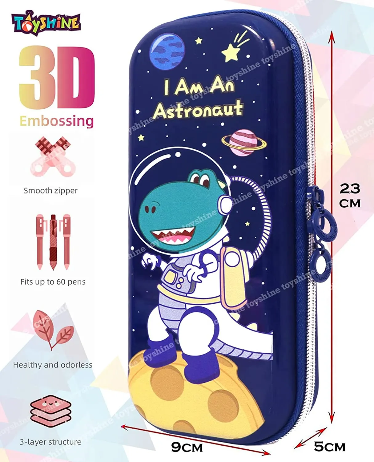 Toyshine Astro Dinosaur Hardtop Pencil Case with Multiple Compartments - Kids School Supply Organizer Students Stationery Box - Girls Pen Pouch- Blue