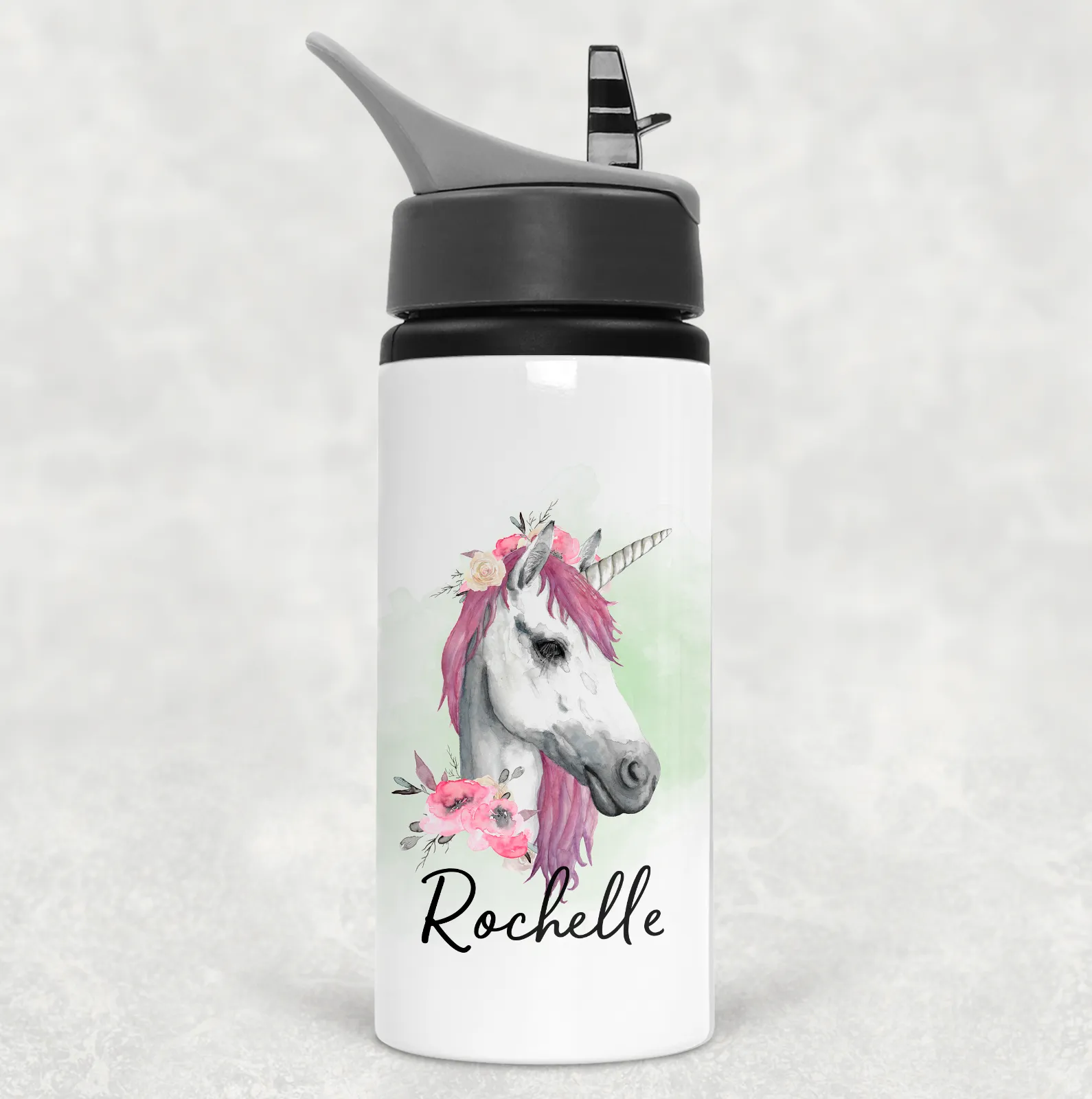 Unicorn Watercolour Personalised Aluminium Straw Water Bottle 650ml