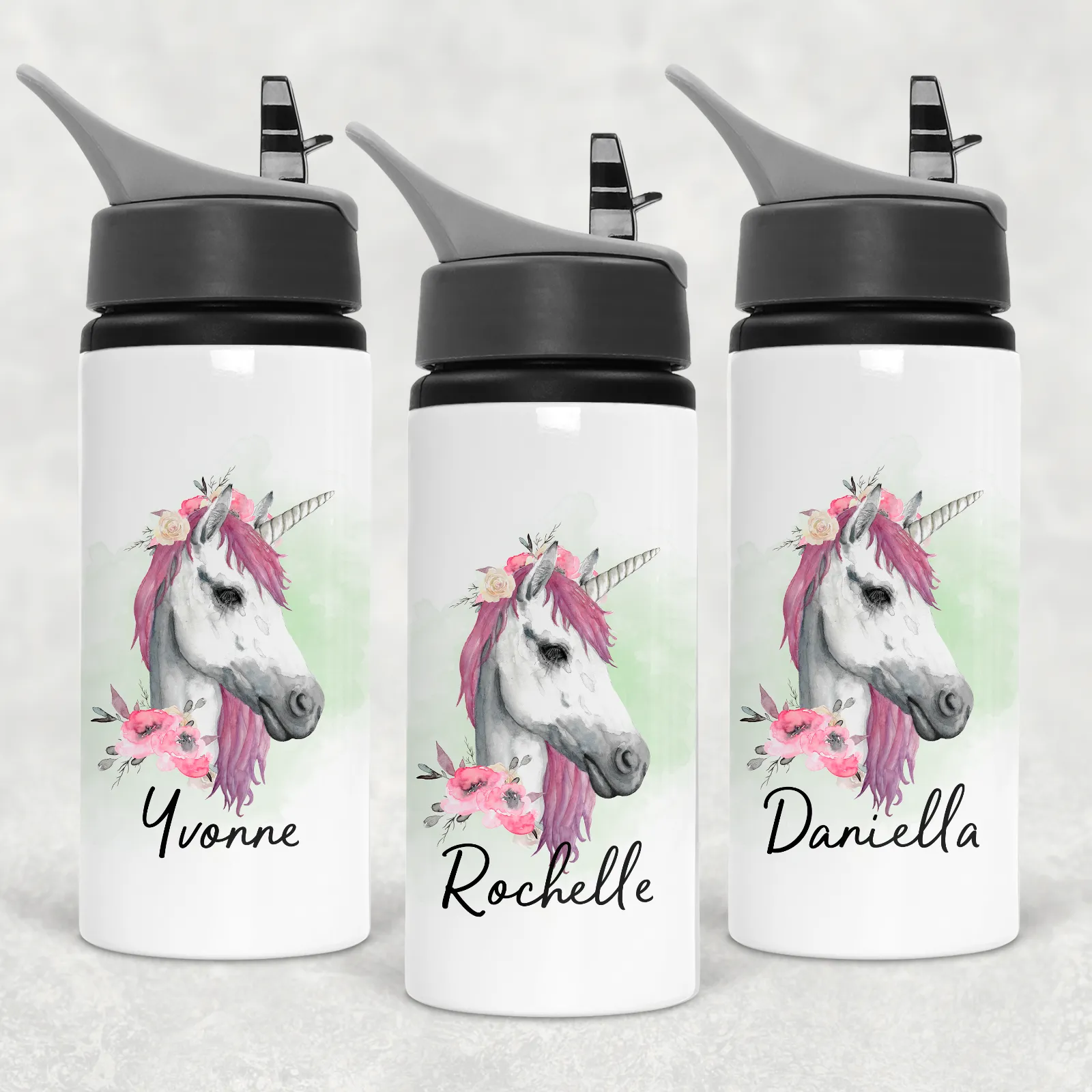 Unicorn Watercolour Personalised Aluminium Straw Water Bottle 650ml