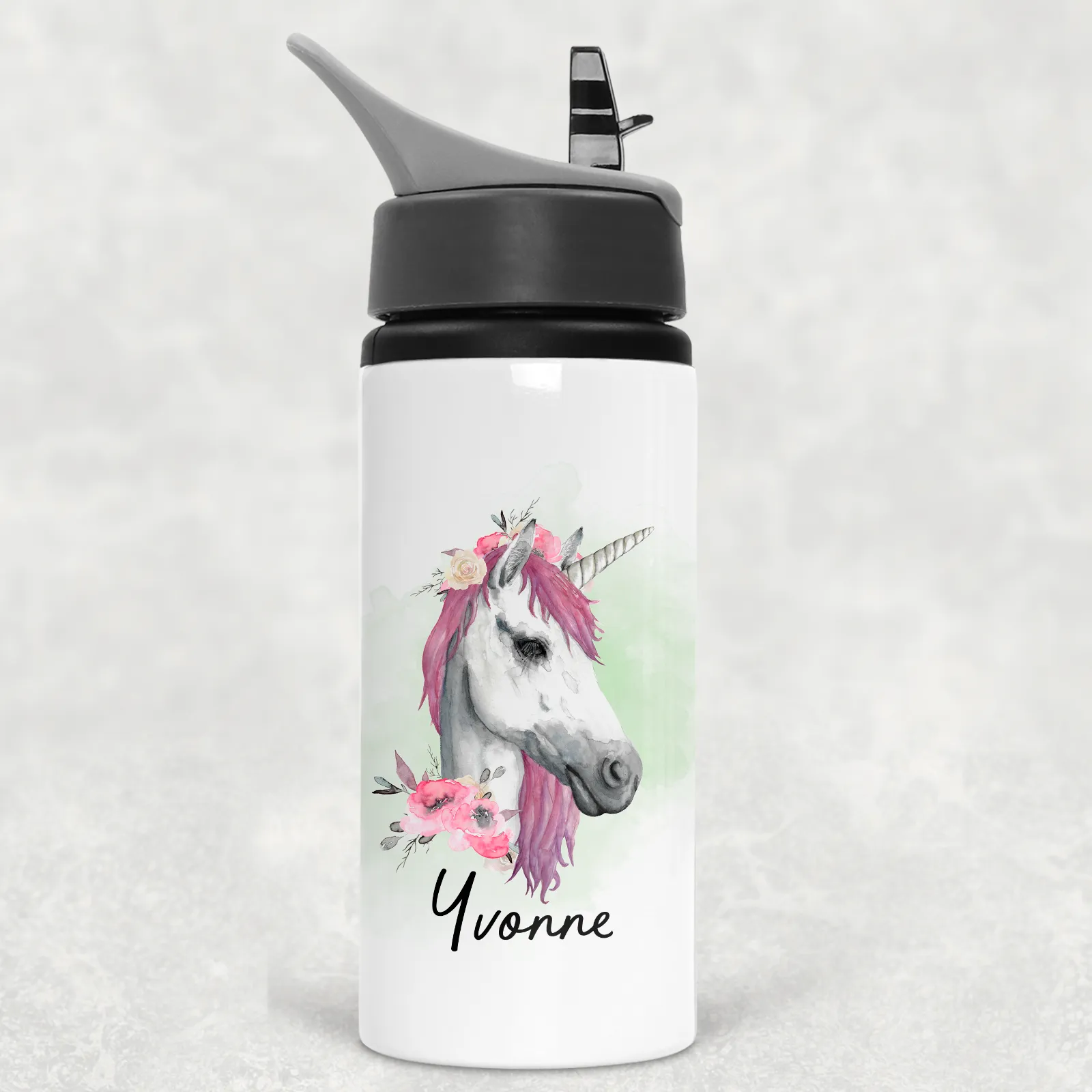 Unicorn Watercolour Personalised Aluminium Straw Water Bottle 650ml