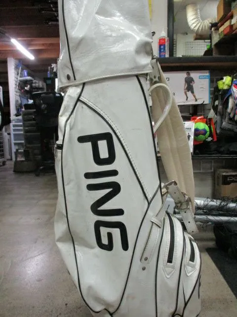 Used Vintage Ping White Leather 6 Way Divider Golf Bag W/ Rain Cover