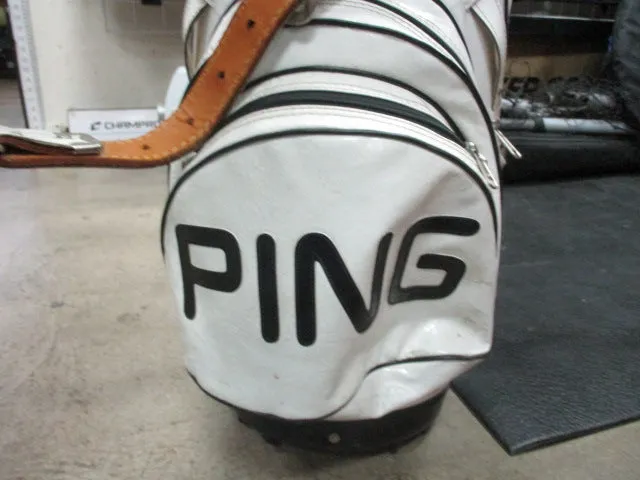 Used Vintage Ping White Leather 6 Way Divider Golf Bag W/ Rain Cover