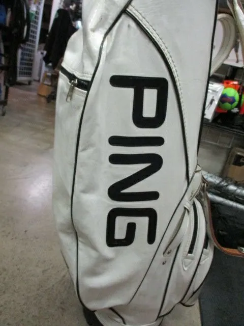 Used Vintage Ping White Leather 6 Way Divider Golf Bag W/ Rain Cover