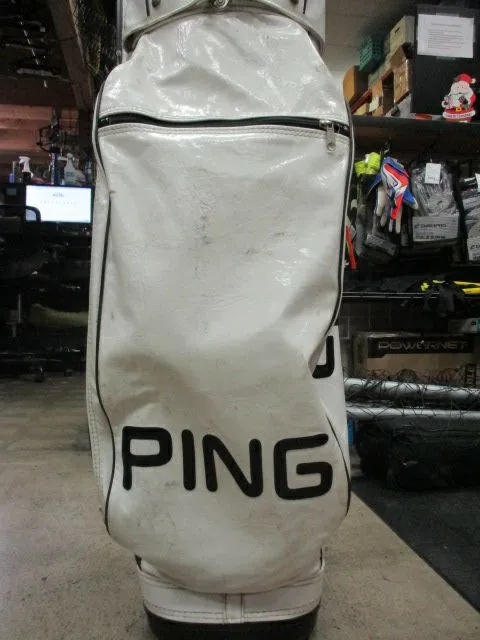 Used Vintage Ping White Leather 6 Way Divider Golf Bag W/ Rain Cover