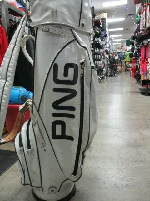 Used Vintage Ping White Leather 6 Way Divider Golf Bag W/ Rain Cover